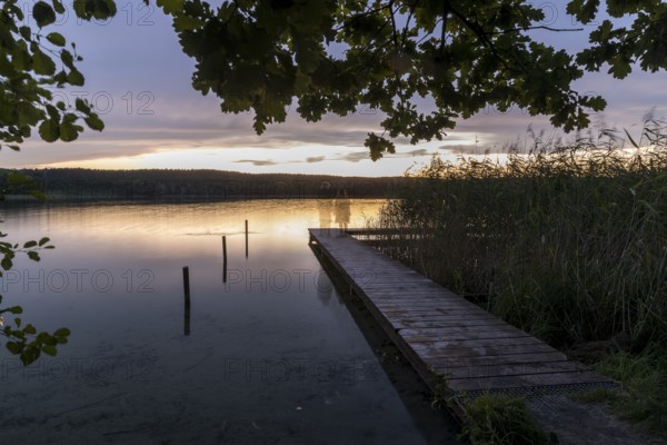 Ghost figures on the bathing jetty, evening mood on the bathing jetty of the Großer Glubigsee near Wendisch Rietz, Oder-Spree district, Brandenburg, Germany, Europe