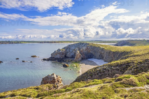 Scenics view at a rocky coastline with sea bays on the french west coast from a heath a sunny summer day, Lostmarc'h, Crozon peninsula, Bretagne, France, Europe