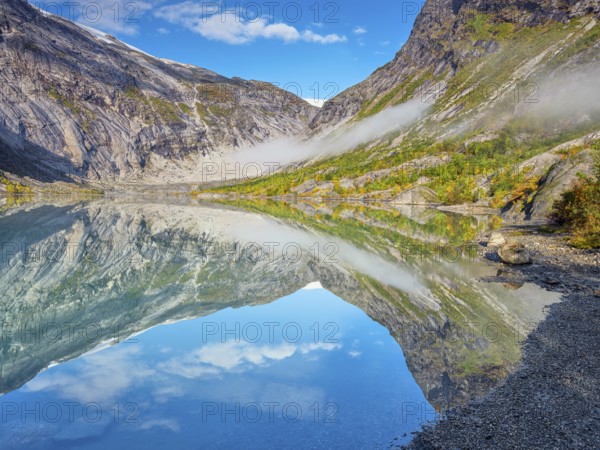 Morning light at Nigardsbrevatnet, lake at the glacier tongue Nigardsbreen, Jostedalsbreen, autumn, Gaupne, Norway, Europe