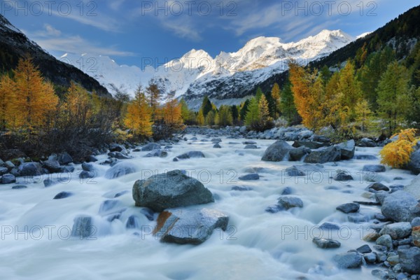 Morteratsch Valley with Piz Palue, Piz Bernina, Piz Morteratsch and the course of the river Ova da Morteratsch, Upper Engadine, Grisons, Switzerland, Europe