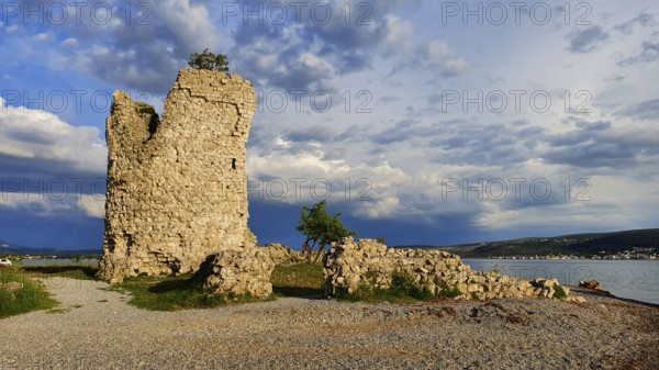Ruin on the seashore under a blue and cloudy sky, Vecka kula, Vecka Kula, Starigrad, Starigrad-Paklenica, Zadar, Croatia, Europe