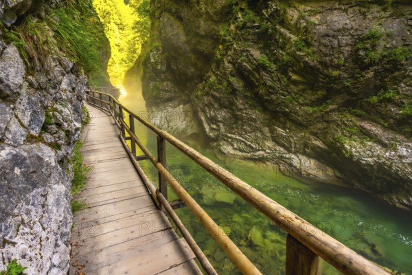 Scenic wooden walkway winds through vintgar gorge, showcasing stunning emerald waters and lush canyon walls in slovenia