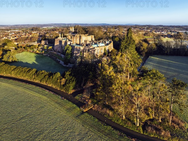Berkeley Castle from a drone, Berkeley, Cotswolds, Gloucestershire, England, United Kingdom, Europe