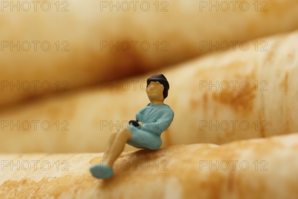 Miniature figure of a woman sitting on parsley root (Petroselinum crispum), root parsley, North Rhine-Westphalia, Germany, Europe
