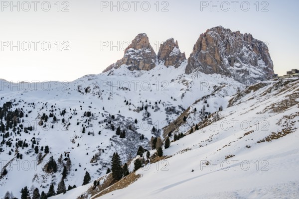 Beautiful landscape of the Mountain silhouettes of the Sexten Dolomites on a sunny winter day, South Tyrol, Trentino-South Tyrol, Alto-Adige, Italy, Europe