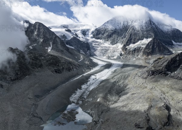 Aerial view, mountain landscape with glacier tongue Glacier de Cheilon and summit Mont Blanc de Cheilon, Valais, Western Alps, Switzerland, Europe