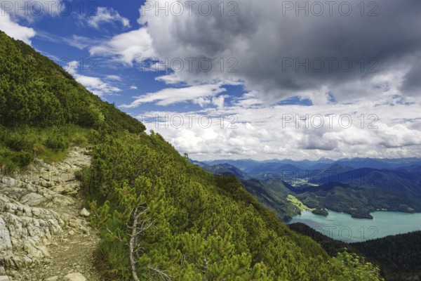 A stony hiking trail along a wooded mountain slope with sweeping views down into the valley to Lake Walchensee, Kochel am See, Bavaria, Germany, Europe