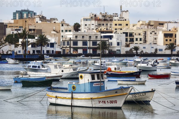 Fishing boats in Charco de San Ginés harbour, lagoon in La Puntilla district, Arrecife, Lanzarote, Canary Islands, Canary Islands, Spain, Europe