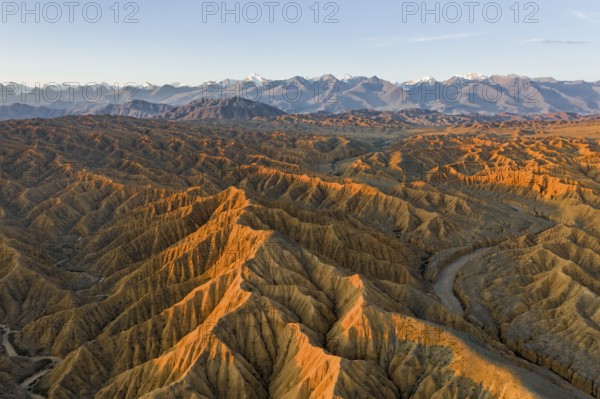 River bed runs through a landscape of eroded hills, badlands at sunset, mountain peaks of the Tian Shan Mountains in the background, aerial view, Canyon of the Forgotten Rivers, Issyk Kul, Kyrgyzstan, Asia