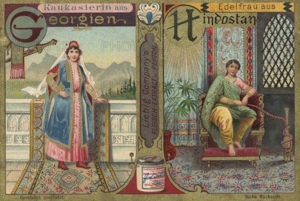 Picture series Noble woman from all over the world, Caucasian woman from Georgia and noblewoman from Hindustan, India, Liebig picture, digitally restored reproduction of a collector's picture from ca 1900, public domain, exact date unknown, woman in traditional Georgian and Hindostani dress in front of a mountain backdrop, Asia