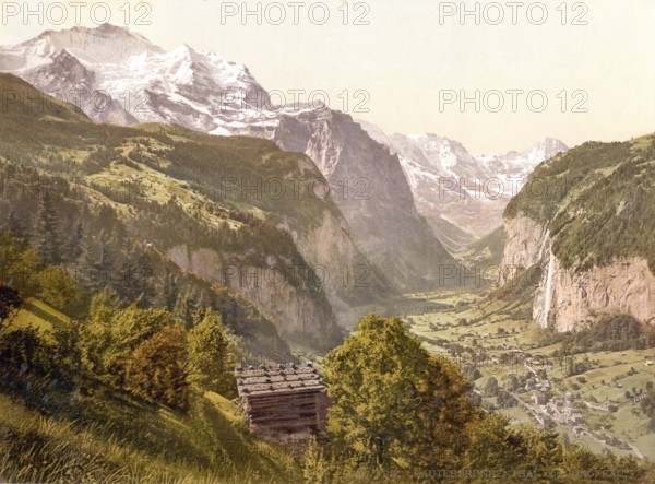 Lauterbrunnen Valley and Jungfrau, Bernese Oberland, Switzerland, Historic, digitally restored reproduction from a 19th century original, Record date not stated, Lauterbrunnen Valley and Jungfrau, Bernese Oberland, Switzerland, Historic, digitally restored reproduction from a 19th century original, Record date not stated, Europe