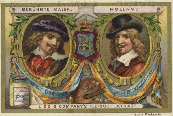 Picture series famous painters, Holland, Rembrandt van Ryn and Franz Hals, Liebig picture, digitally restored reproduction of a collector's picture from ca 1900, public domain, exact date unknown, Rembrandt and Frans Hals in artistic frame with Dutch coat of arms