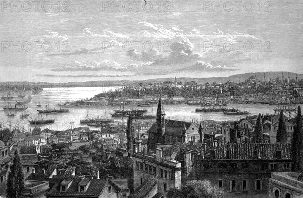 Seraglio Spire and Golden Horn of Constantinople, Istanbul, Turkey, in 1880, Historical, digital reproduction of an original from the 19th century, Asia