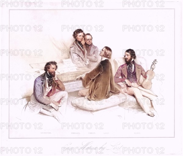 A matinee with Liszt, Group picture with Hector Berlioz, Carl Czerny, Franz Liszt, Heinrich Wilhelm Ernst and Josef Kriehuber, Historic, digitally restored reproduction from a 19th century original, Record date not stated