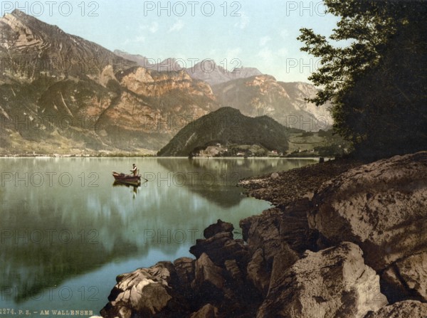 Wallenstadt Lake, and view of the town, St. Gall, Switzerland, Historic, digitally restored reproduction from a 19th century original, Record date not stated, Europe