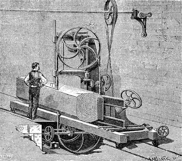 Sawmill, woodworking, band saw from 1880, historical, digital reproduction of an original from the 19th century