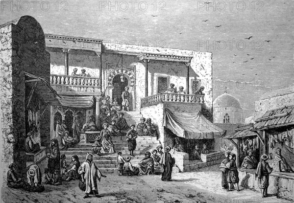 Coffee house in Arabia in 1870, Historical, digital reproduction of an original from the 19th century
