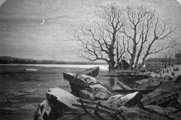 The flooding of the Vistula, here near Thorn, 1885, Poland, Historical, digital reproduction of an original from the 19th century, Europe