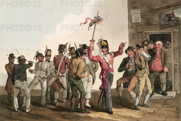 Scene from everyday life in England around 1810, The Thirty-third Regiment of the Citizen's Army, Soldiers in front of an inn, revellers, Historical, Digitally restored reproduction from a 19th century original, Date unknown