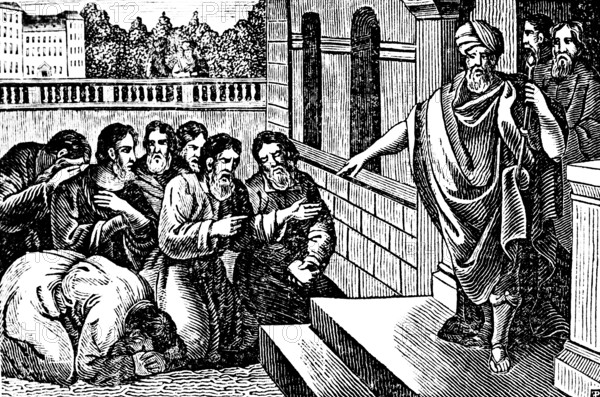 Joseph's brothers come to the land of Pharaoh in Egypt to buy grain and are thrown into prison, justice, spies, famine, on their knees, Genesis, woodcut, Christoph Schmid's Biblical History 1831