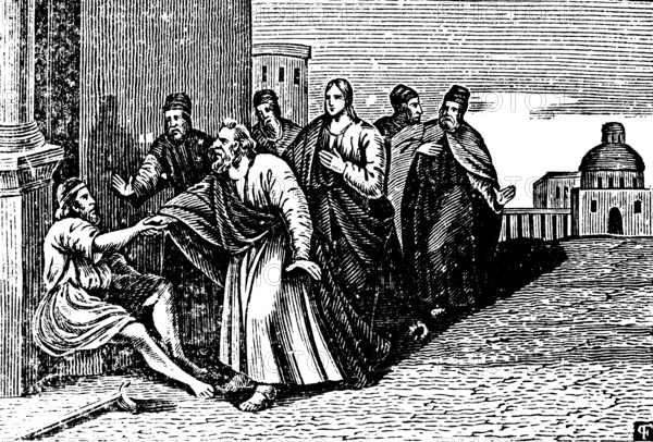 Peter heals a lame man in the name of Jesus Christ, Temple entrance, John, New Testament, History of the Apostles, Pentecost, woodcut, historical illustration, Christoph Schmid's Biblical History 1831