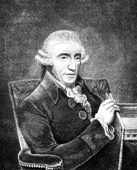 Joseph Haydn (1732 Rohrau, 1809 Vienna) portrait, Austrian composer, Viennese Classicism, Kapellmeister to the Hungarian imperial princes Esterházy, setting of the Kaiserlied, later Austrian imperial anthem, then German national anthem with new text, history of German music, historical illustration 1892