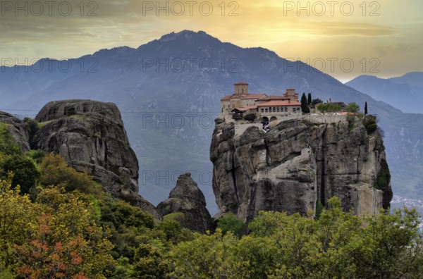 Sunset over Agia Triada Monastery, known as James Bond Monastery, Metéora Monasteries, Kalambaka, Trikala, Thessaly, Greece, Europe