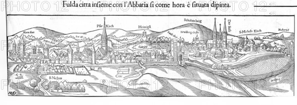 View of Fulda around 1550, Hesse, Germany, reproduction from a model from that time, historical, digitally enhanced, Europe