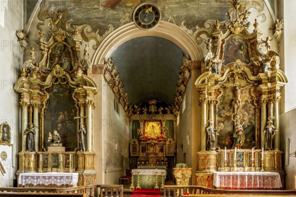 Interior of the monastery church of the Annunciation with main altar and side altars, Baroque, Reutberg Monastery, Sachsenkam in the Ellbach and Kirchseemoor nature reserve, Isarwinkel, Upper Bavaria, Bavaria, Germany, Europe