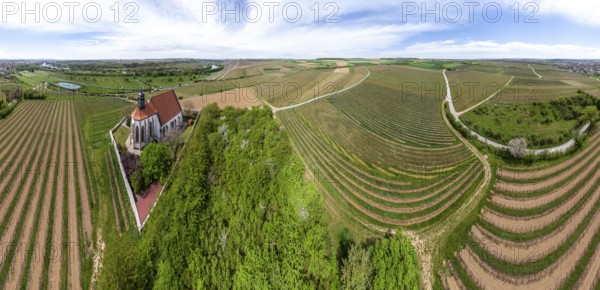Panoramic aerial view of church 'Maria im Weingarten' near Volkach, Bavaria, franconia, Germany, Europe