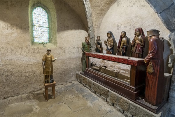 Life-size polychrome wooden entombment at Eglise Saint-Roch in Aubazat, Haute-Loire, Haut Allier, Auvergne-Rhone-Alpes, France, Europe