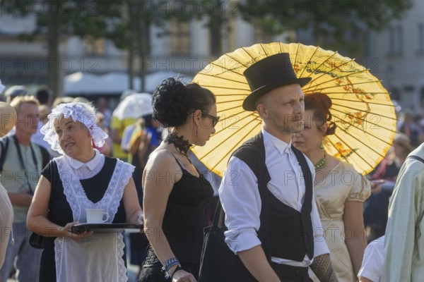 Dresden celebrated the 250th birthday of Caspar David Friedrich with a birthday party and a big city bet between Greifswald and Dresden, The Romantic's Duell. In Dresden 2033 people appeared in disguise and in Greifswald 2241, so Greifswald won the bet, city bet on the Neumarkt, Düll der Romantiker, Dresden, Saxony, Germany, Europe