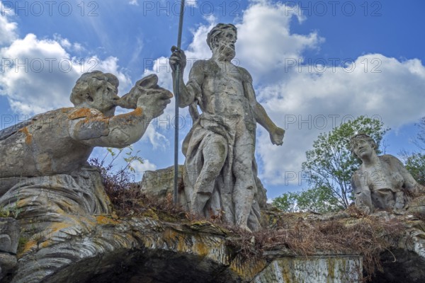 Neptunus sculpture group showing Neptune, Eole and Aquillon in the garden at Château de Bel?il, Baroque castle in Beloeil, Hainaut, Wallonia, Belgium, Europe