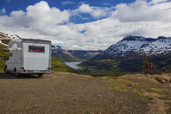 Motorhome parking above the Haifoss. E Iceland
