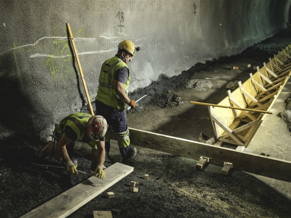 Workers in cross-passage 70, construction lot H53, Brenner Base Tunnel, Wolf, Tyrol, Austria, Europe