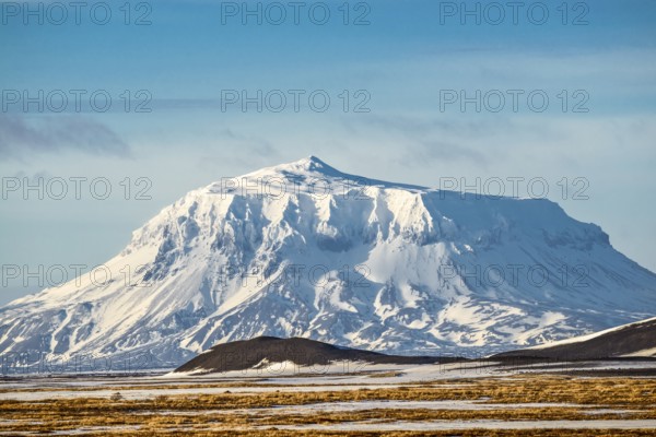 Mt. Herdubreid in winter, snowcovered, seen from farm Mödrudalur located between lake Myvatn and Egilsstadir, northeast Iceland