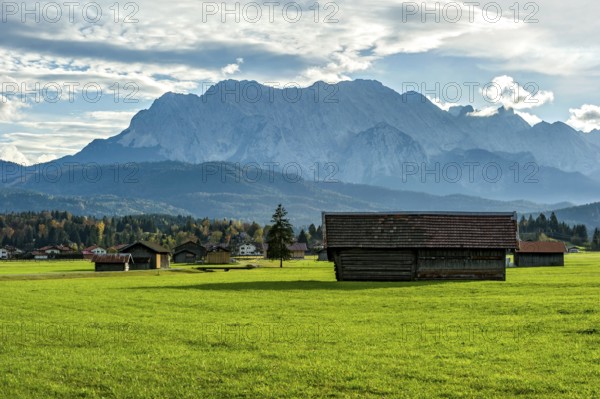 Green meadow with hay huts, behind Kranzberg, mountains Obere Wettersteinspitze, Rotplattenspitze, Wettersteinwand, Leutascher and Partenkirchner Dreitorspitze in the Wettersteingebirge, Krün, Upper Bavaria, Bavaria, Germany, Europe