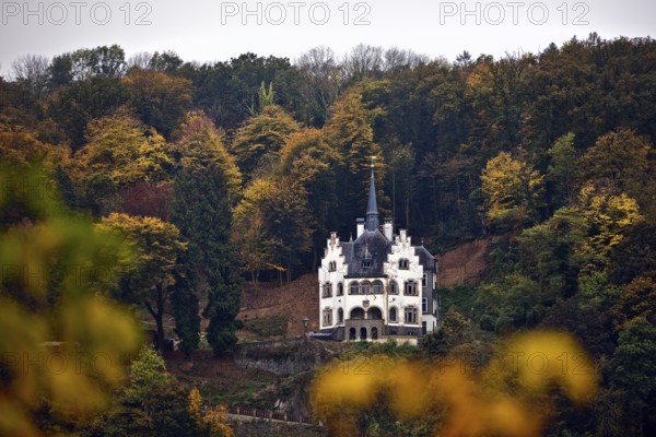 Listed, late historicist villa with stepped gable above the banks of the Rhine in autumn, Remagen, Rhineland-Palatinate, Germany, Europe