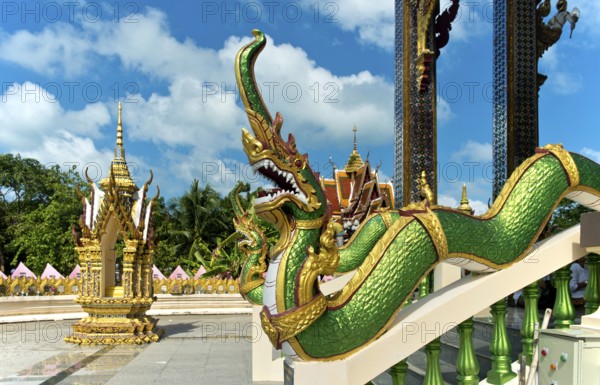 Mythological Naga snake on a banister, Buddhist temple Wat Plai Laem, Koh Samui, Thailand, Asia
