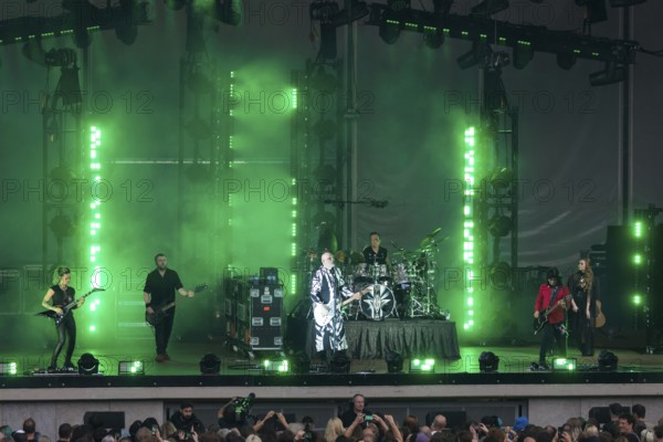 Billy Corgan (singer), Jimmy Chamberlin (drummer) and James Iha (guitarist) from The Smashing Pumpkins live on The World is a Vampire Tour at the Parkbühne Wuhlheide in Berlin on 22/06/2024