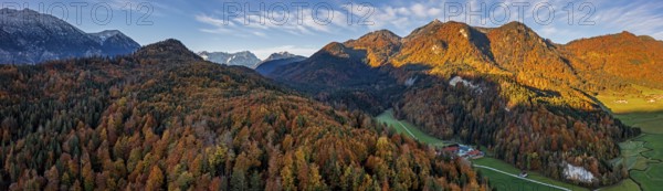 Aerial view of a mountain landscape in autumn, trees, morning light, panorama, view of Zugspitze and Bavarian Alps, Alpine foothills, Bavaria, Germany, Europe