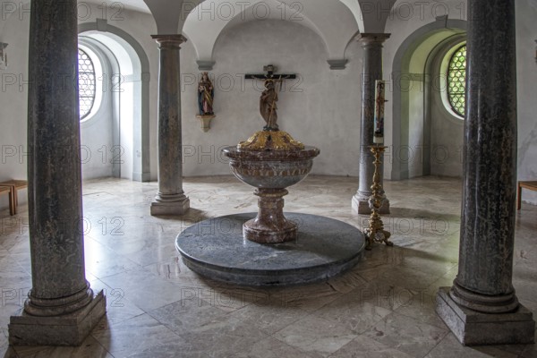 Baptistery, parish church, baroque basilica St. Mang, interior view, Füssen, Ostallgäu, Allgäu, Bavaria, Germany, Europe
