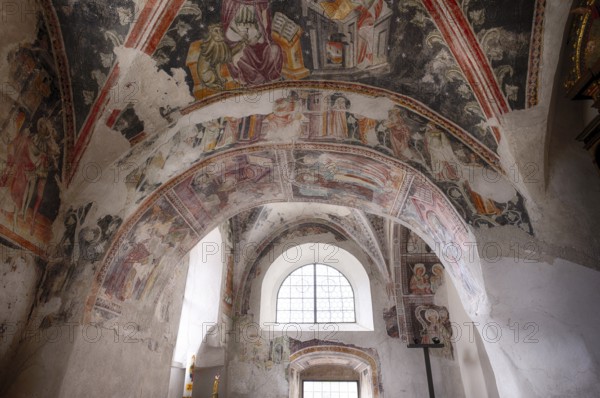 Interior, Romanesque frescoes, Old Parish Church of the Assumption of the Virgin Mary, Scena, South Tyrol, Autonomous Province of Bolzano, Italy, Europe