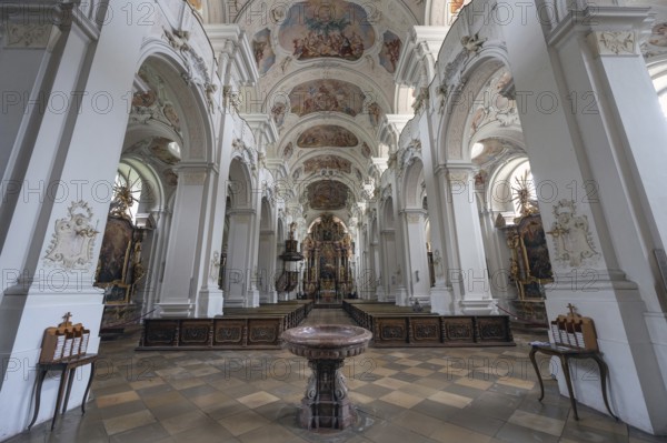Interior of the originally Gothic hall church, was completely baroqueised in the 18th century, Basilica of St. Mauritius, Niederaltaich, Lower Bavaria, Germany, Europe
