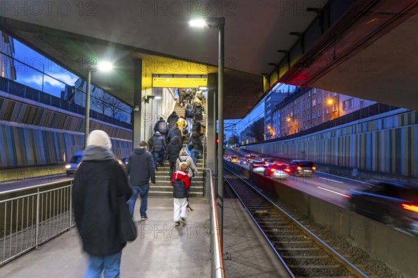 Underground station, Breslauer Straße U18, in the middle of the A40 motorway, Essen city centre, dark, loud, Essen North Rhine-Westphalia, Germany, Europe