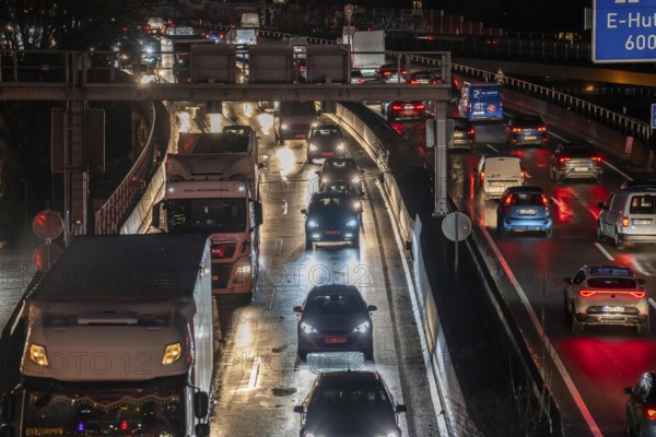 Evening traffic jam on the A40 motorway, Essen-Huttrop junction, traffic jam in both directions, North Rhine-Westphalia, Germany, Europe