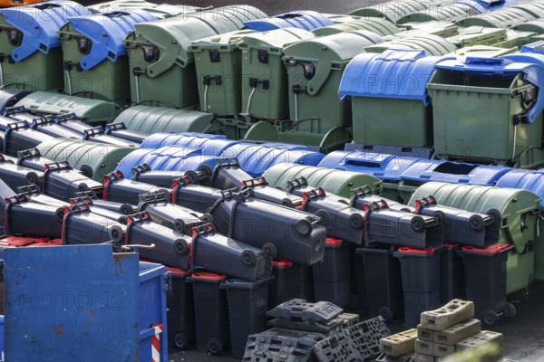 Hagener Entsorgunsbetriebe depot, various waste bins, containers, North Rhine-Westphalia, Germany, Europe