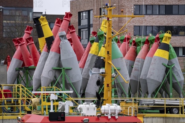 Bremerhaven buoy yard, where the navigation signs for the Outer Weser are maintained and deployed, belongs to the Weser-Jade-North Sea Waterways and Shipping Office, working and measuring vessels of the WSV, Federal Waterways and Shipping Administration, Bremen, Germany, Europe