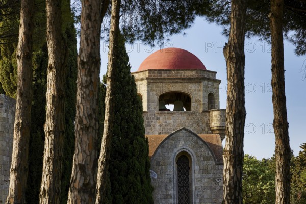 St John's Church, Monastery of Our Lady of Mount Filerimos, Historic building with red dome, surrounded by tall trees and stone walls, Filerimos, hill not far from Rhodes Town, Ancient State of Ialyssos, Rhodes, Dodecanese, Greek Islands, Greece, Europe