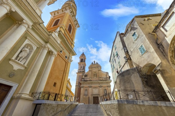 France, French Riviera, Menton Basilica Michael Archangel and old city streets in historic center, Europe
